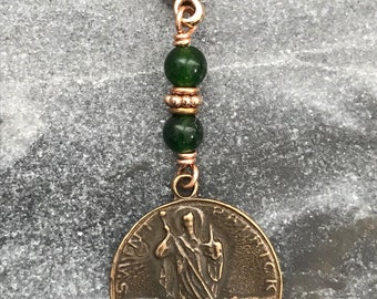 Bag Charm - Saint Patrick Irish Zipper Pull - Bronze and Green Jade