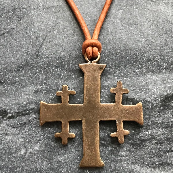 Jerusalem Cross Solid Bronze and Leather Necklace