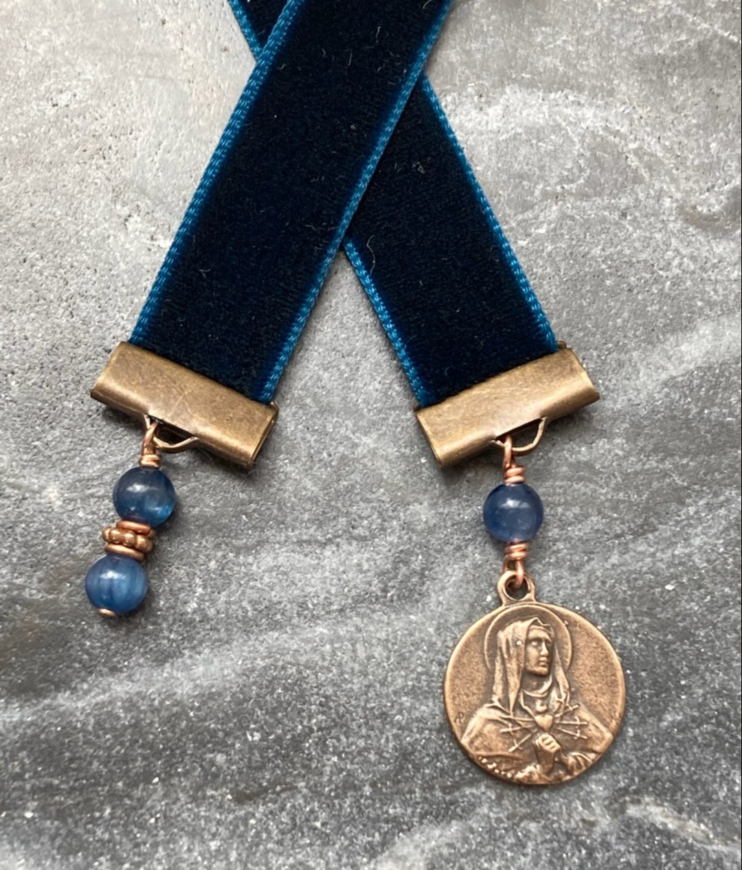 Velvet Catholic Bookmark - Our Lady of Sorrows - Bronze - Sapphire Blue ...