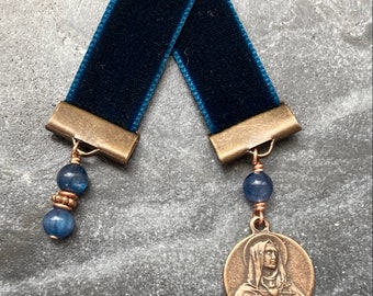 Velvet Catholic Bookmark - Our Lady of Sorrows - Bronze - Sapphire Blue Velvet