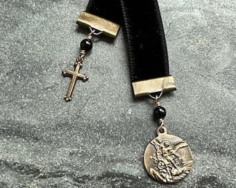 Velvet Catholic Bookmark - Saint Michael - Bronze - Black Velvet