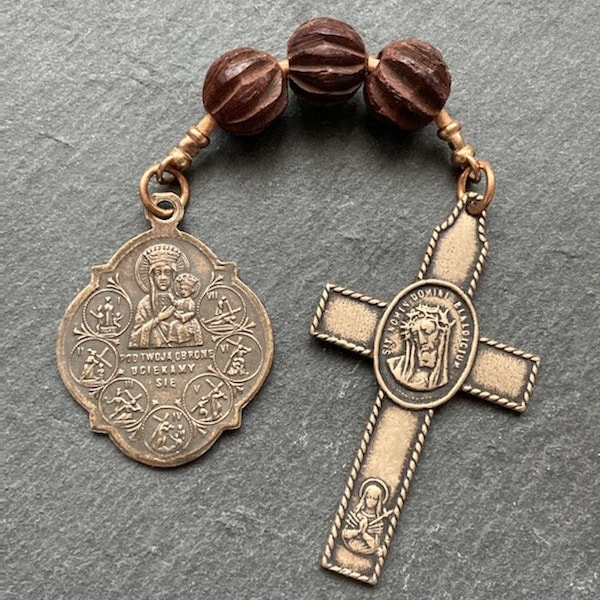 Stations of the Cross Three Hail Mary Chaplet - Bronze and leather - Pocket Rosary