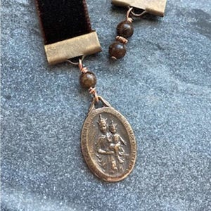 Velvet Catholic Bookmark - Scapular Our Lady of Mount Carmel - Bronze - Brown Velvet