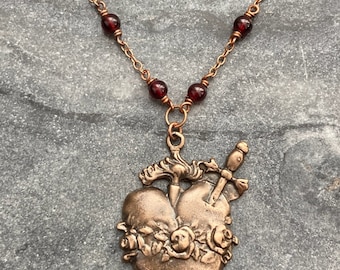 Immaculate Heart Necklace - Solid Bronze and Garnet