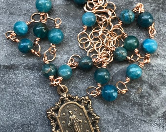 Miraculous Medal Necklace -Rosary - Apatite and Bronze