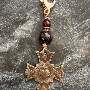 Bag Charm Sacred Heart Zipper Pull - Bronze and Garnet