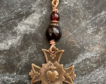 Bag Charm Sacred Heart Zipper Pull - Bronze and Garnet