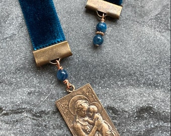 Velvet Catholic Bookmark - Madonna and Child - Bronze - Blue Velvet