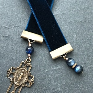 Velvet Catholic Bookmark - Virgin Mary - Bronze - Sapphire Blue Velvet