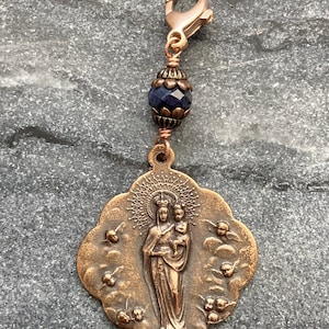 Bag Charm  Catholic Our Lady of the Pillar with Angels Zipper Pull - Bronze and Sapphire