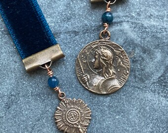 Velvet Catholic Bookmark - Blessed Sacrament and Joan of Arc - Bronze - Blue Velvet