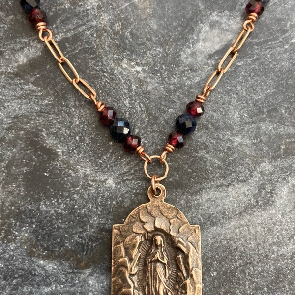Virgin Mary Lourdes Grotto Necklace - Sapphire Garnet and Bronze