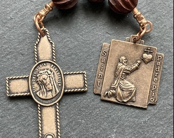 Padre Pio Three Hail Mary Chaplet - Bronze and leather - Pocket Rosary