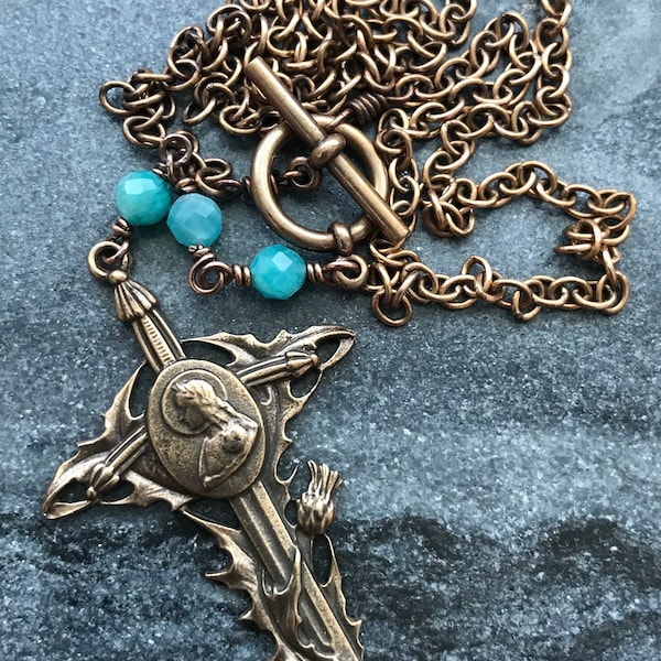 Joan of Arc Necklace - Solid  Bronze - Three Hail Mary - Amazonite