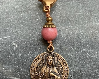 Bag Charm Catholic Saint Rose Zipper Pull - Bronze and Rhodonite