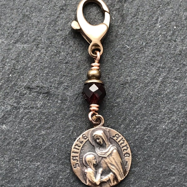 Bag Charm Saint Ann Anne Zipper Pull - Bronze and Garnet