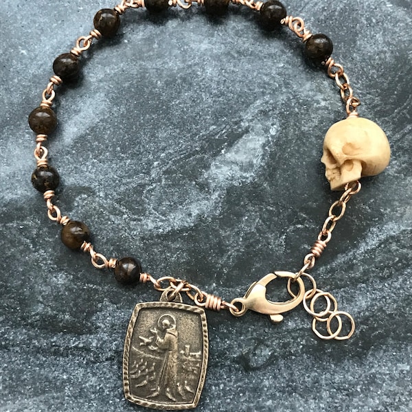Memento Mori Rosary Bracelet - Saint Francis  - Solid Bronze and Bronzite