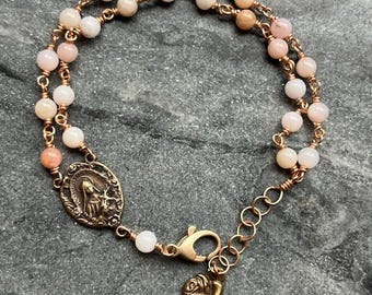 Pink Opal 24 Glory Be Chaplet Bracelet - Saint Therese - Solid Bronze