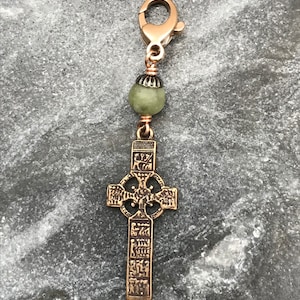 Bag Charm Celtic Cross Irish Zipper Pull - Bronze and Connemara Marble