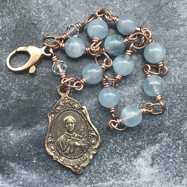 Saints Gemma and Gerard Bronze Rosary Bracelet - Aquamarine Gemstones