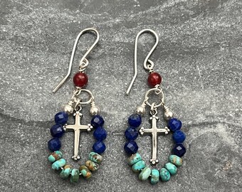 Cross Earrings - Bronze or Sterling Silver and Gemstones