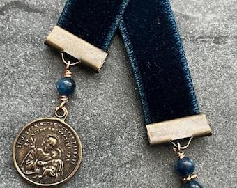 Velvet Catholic Bookmark - Saint Joseph - Bronze - Sapphire Blue Velvet