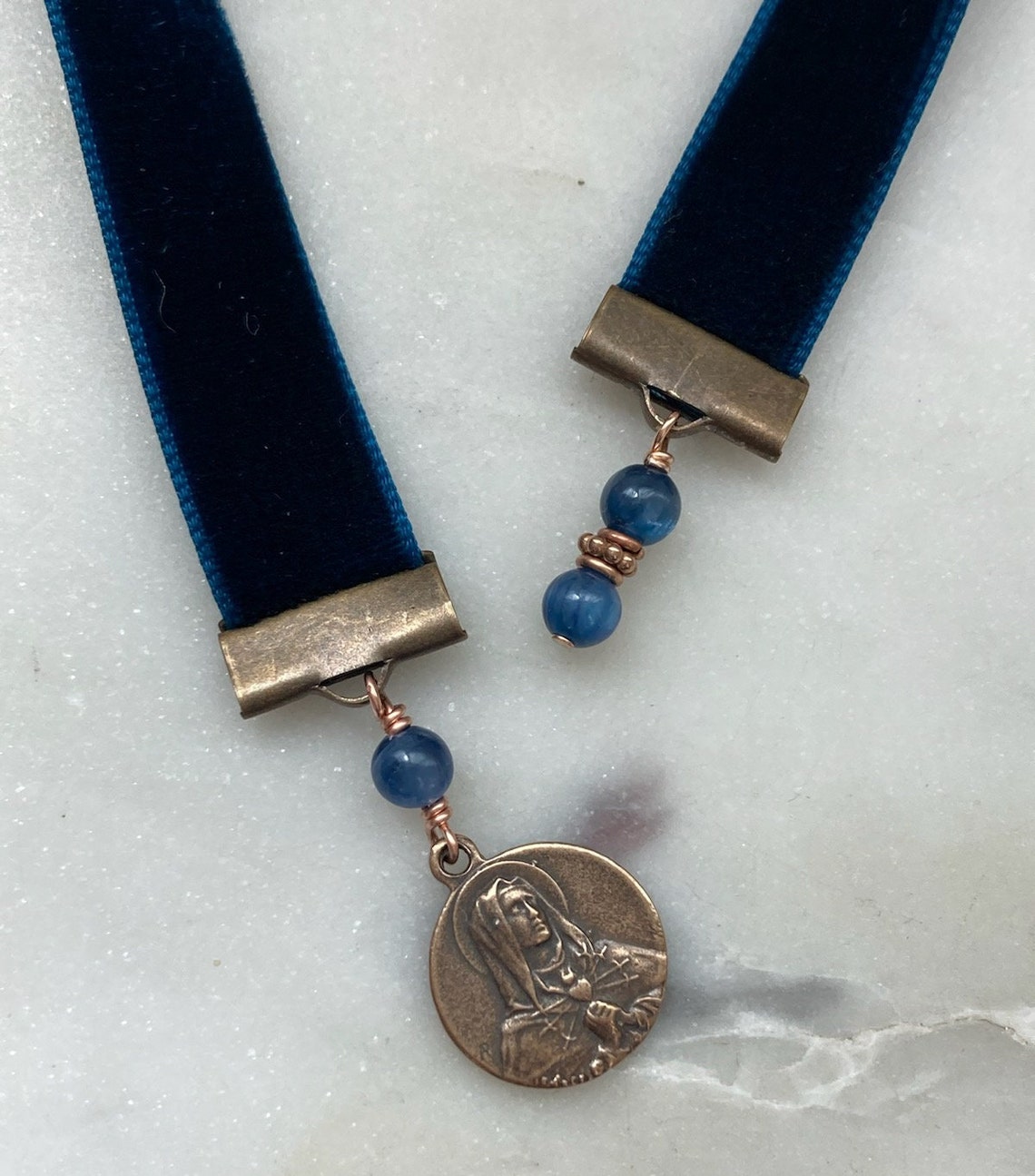 Velvet Catholic Bookmark - Our Lady of Sorrows - Bronze - Sapphire Blue ...