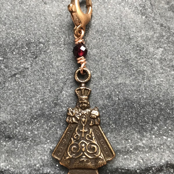 Bag Charm Infant of Prague Zipper Pull - Bronze and Garnet