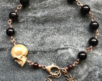 Memento Mori Rosary Bracelet - Sacred Heart  - Solid Bronze and Garnet