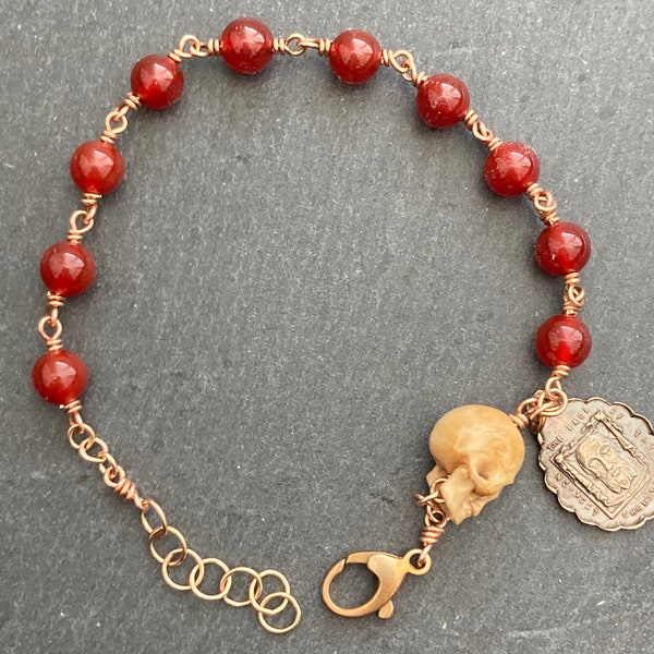 Memento Mori Rosary Bracelet - Holy Face of Jesus  - Solid Bronze and Carnelian