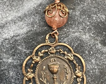 Bag Charm -  First Communion Zipper Pull - Bronze and Peach Quartz