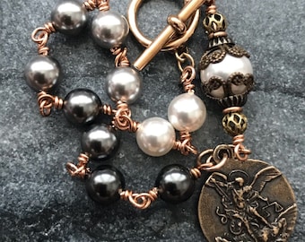 Holy Souls Bronze Rosary Bracelet - Crystal Pearls - Saint Michael