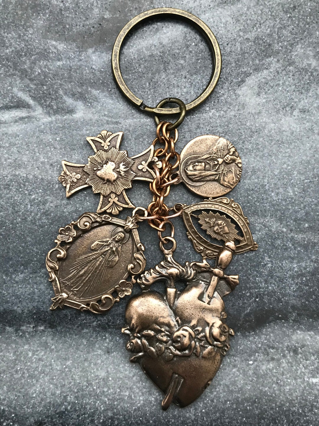 Bronze Catholic Keychain- Sacred and Immaculate Hearts - Seven Sorrows ...