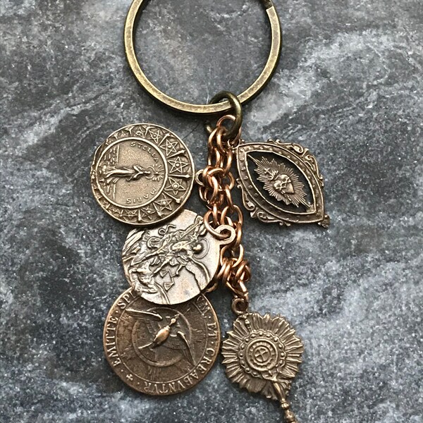 Bronze Catholic Keychain, Holy Spirit, St. Michael, Sacred Heart, Blessed Sacrament, Stella Maris Key Ring