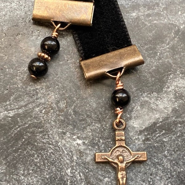 Velvet Catholic Bookmark - Saint Benedict - Bronze - Black Velvet