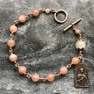 Orange Moonstone Rosary Bracelet - Saint Therese - Solid Bronze