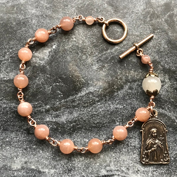 Orange Moonstone Rosary Bracelet - Saint Therese - Solid Bronze