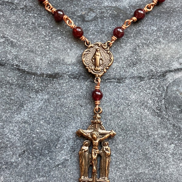 Rosary Necklace - Garnet and Bronze