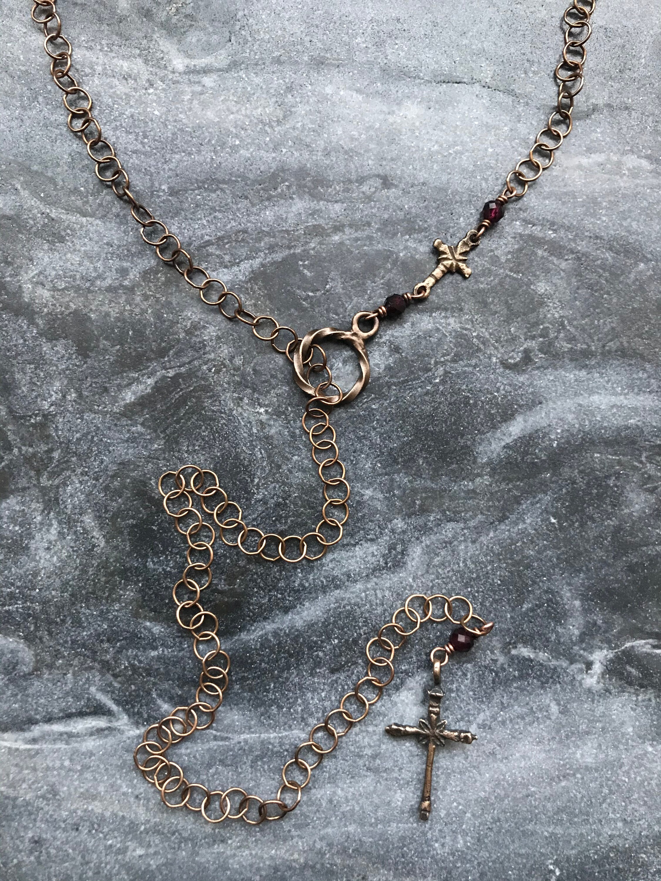 Garnet and Cross Adjustable Solid Bronze Necklace | Etsy
