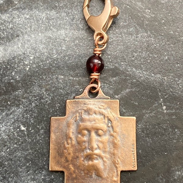 Bag Charm Holy Face of Jesus Zipper Pull - Bronze and Garnet