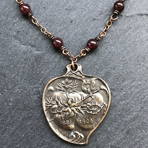 Two Hearts Necklace - Sacred and Immaculate Heart - Solid Bronze and Garnet