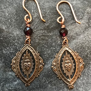 Sacred Heart Earrings - Bronze and Garnet