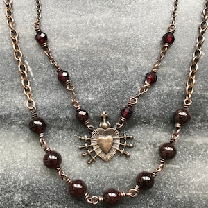 Seven Sorrows Necklace- OL of Sorrows, Garnet Gemstones and Bronze or Sterling Silver
