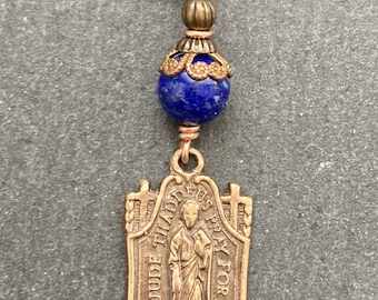 Bag Charm Saint Jude Zipper Pull - Bronze and Lapis