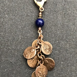 Seven Sorrows Bag Charm - Zipper Pull - Bronze and Aquamarine