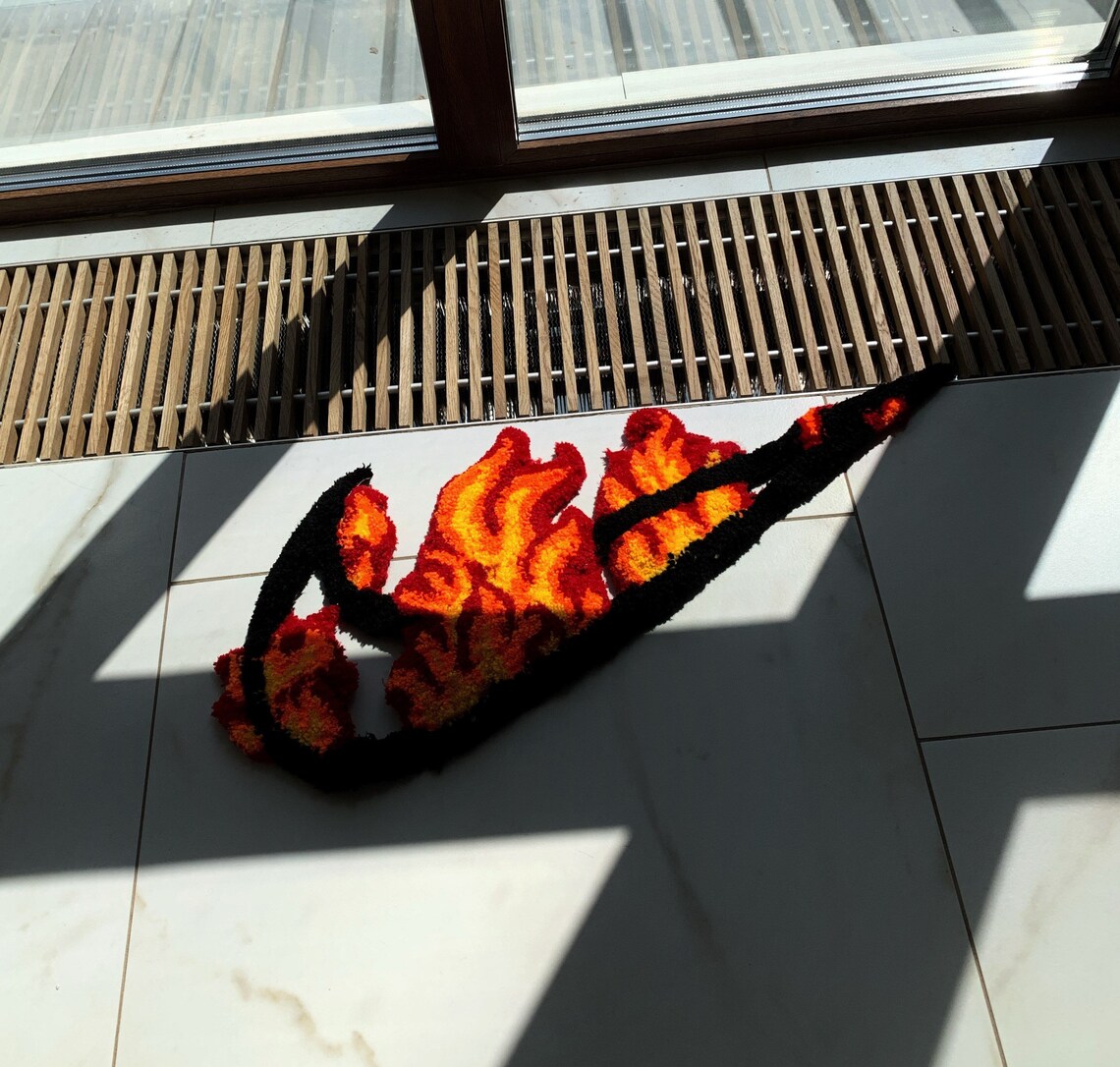 Burning nike logo rug fire Hypebeast Sneakerhead tufting Etsy