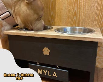 Handmade Dog Bowl Stand – Rustic Two Bowl Feeder, Custom Pet Name  ( 24cm Bowls )