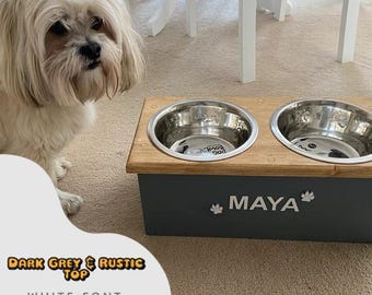 Handmade Solid Pine Double Dog Bowl Stand – Personalized Feeder ( 17cm Bowls )