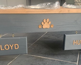 Dog/Pet Food/Water Bowl - 3 Bowl Stand/Feeder Station/Custom STAINLESS STEEL *21cm Bowl* Hanging Sign