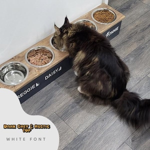 May include: A wooden cat food station with four bowls, labelled "Reggie", "Daisy", "Ronnie", and an empty bowl. A black and brown cat is eating from one of the bowls.